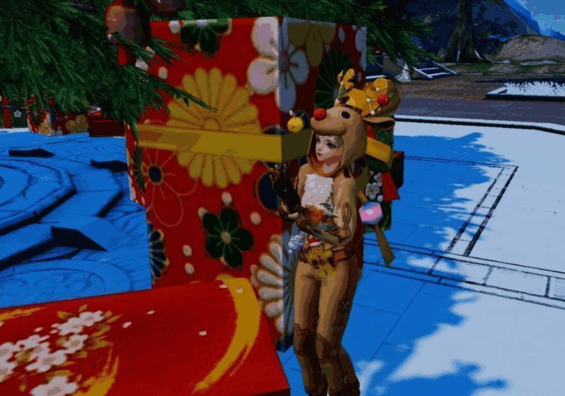 少侠背着【载愿】背饰，手提礼物袋，背景为圣诞雪景