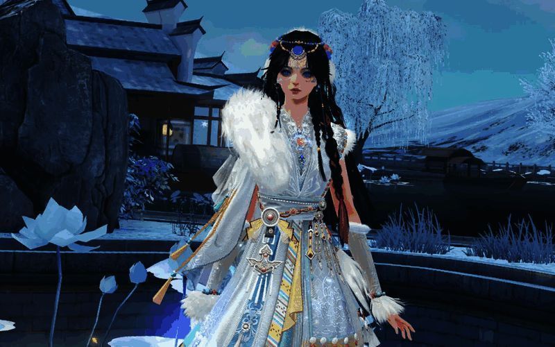 女款雪域藏云穿着效果图，展现藏族传统服饰之美