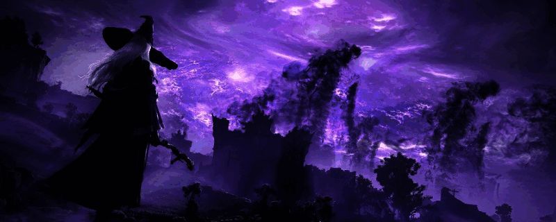 艾尔登法环黑夜君临角色隐士战斗场景，手持法杖施放毁灭流星特效