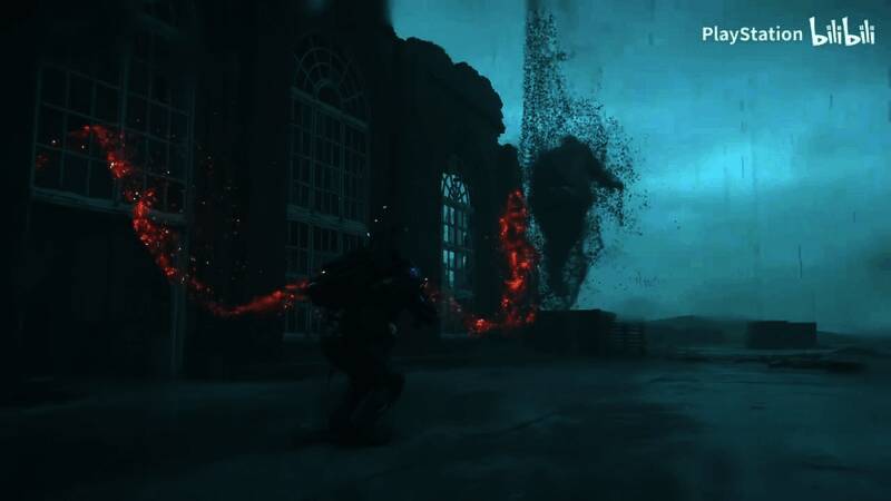 山姆使用新型装备攀爬高耸结构，远处可见巨大能量波动