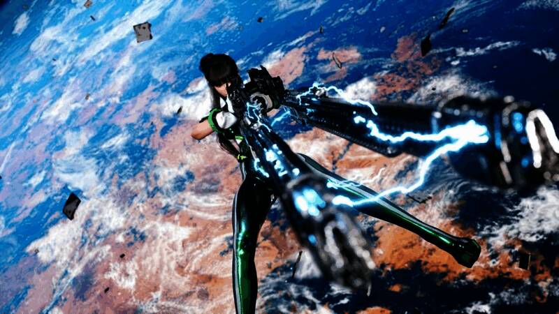 伊芙与孽奇拔激烈对战场景，画面充满未来科技感和紧张氛围