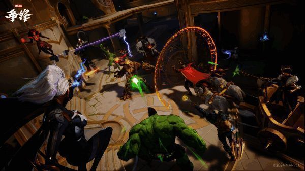 游戏内多人对战画面，英雄技能特效炫目