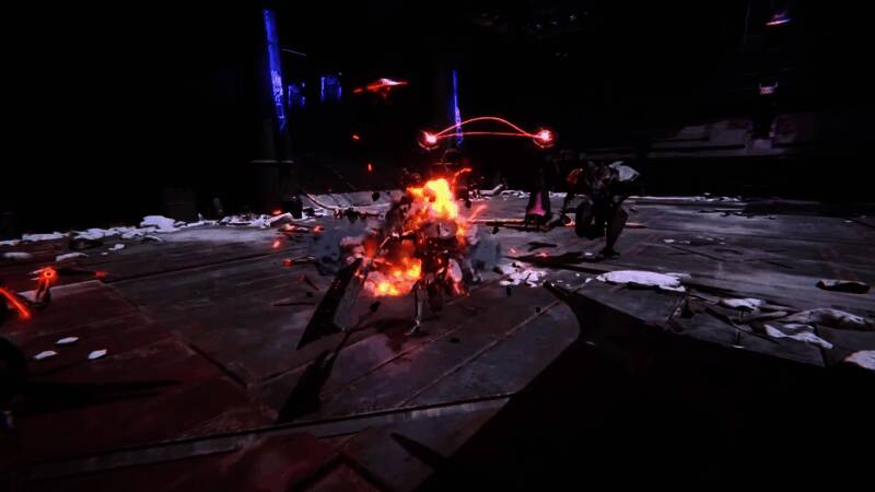 主角Flux在废墟环境中与变异怪物展开激烈交锋，画面充满科技感与暴力美学