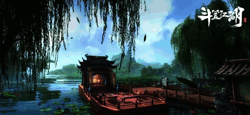 游戏主界面展示，呈现古风武侠风格的城镇与角色形象