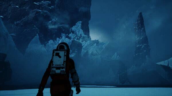 游戏场景展示冰冻星球的广阔地貌，主角身穿宇航服艰难前行