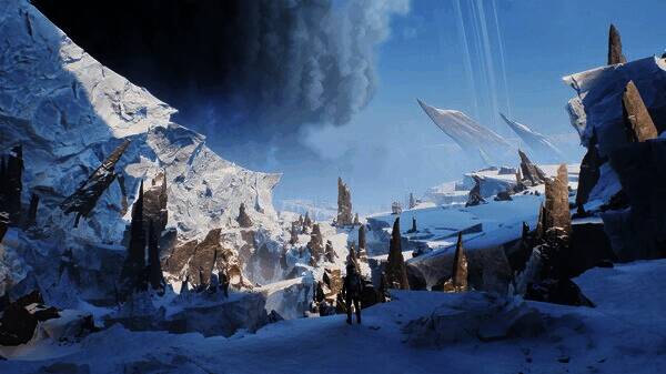 游戏截图展示主角与同伴在冰封星球上的互动场景，氛围紧张而感人