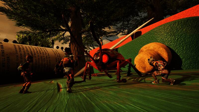 玩家骑乘昆虫坐骑穿梭于丛林之间，自由探索广阔地图