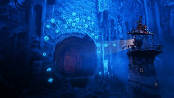 游戏内岛屿全景图，远处是高耸的灯塔与飞翔的海鸟，近景展现丰富多样的生态环境