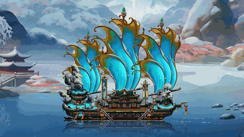 船皮肤‘涟池沐香’视觉效果展示，船体呈现温泉风格装饰，色彩柔和