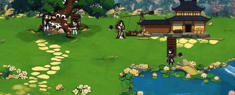 商会后山场景截图，展现玩家集体砍伐树木的互动画面