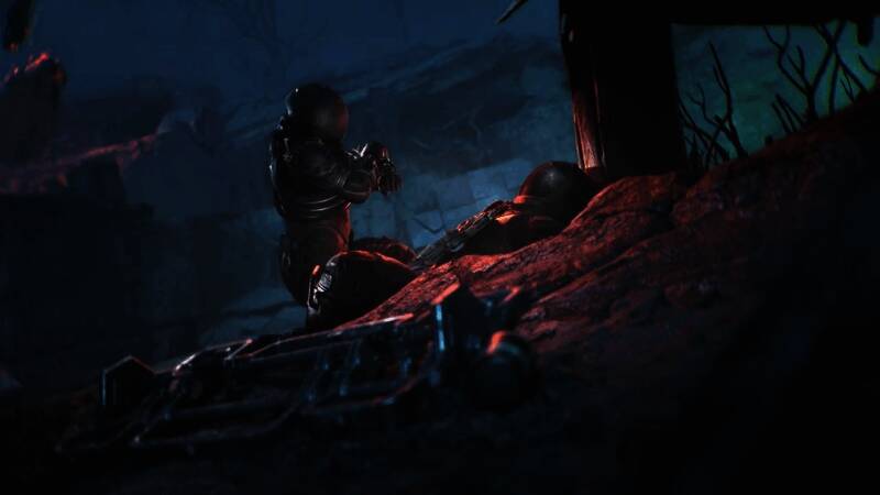 未来都市残骸中，角色躲避空中飞行怪物追击