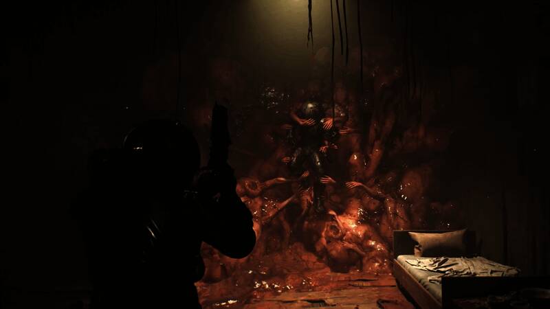 敌方生物特写，触手状怪物正在吞噬废墟