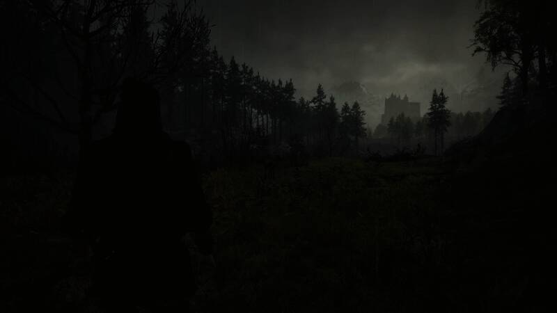 主角在悬崖边缘俯瞰远方，身后是无尽黑暗与微弱曙光的交界