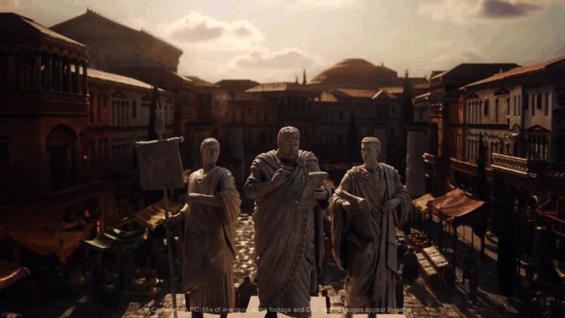 游戏内繁华的古罗马城市场景，建筑风格复古宏伟，市民熙熙攘攘