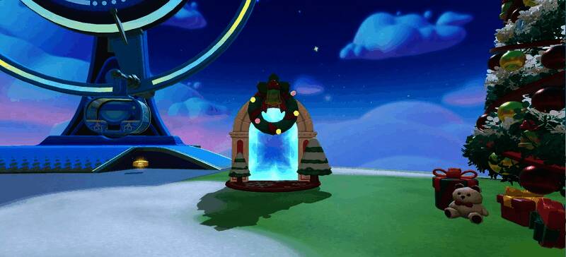 蛋仔岛圣诞主题场景，巨大的圣诞树周围点缀着霓虹灯和飘落的雪花