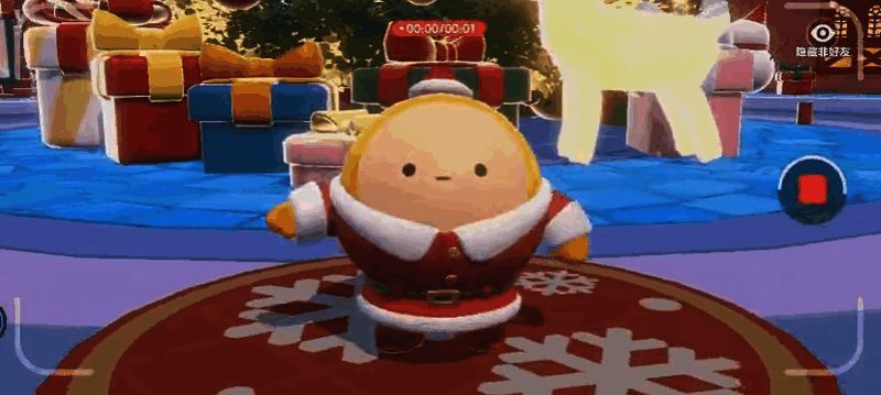 蛋仔使用三脚架摄像机拍照，背景是飘雪与烟花交织的圣诞夜景