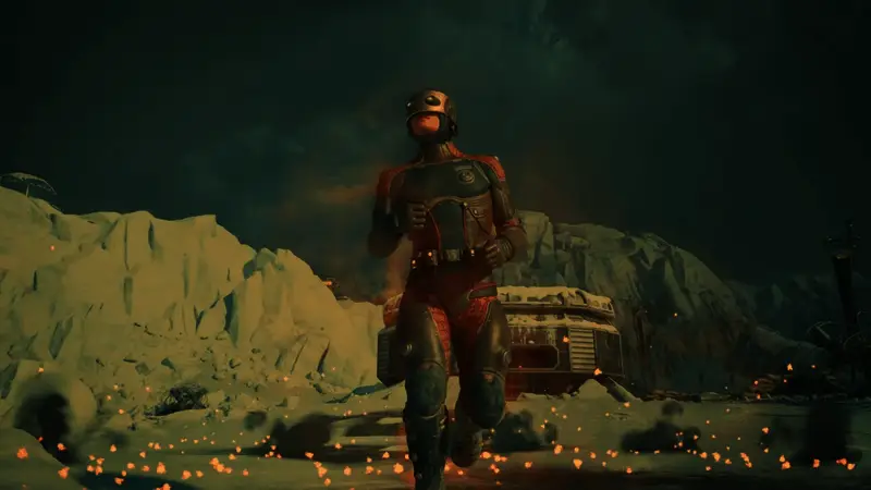 《天外世界2》角色在异星表面行走，身穿未来感十足的太空战甲，背景为奇异的地外景观