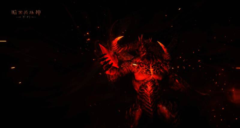 最终Boss战画面，迪亚波罗双形态切换，玩家奋力挥剑对抗，周围是崩塌的宫殿结构