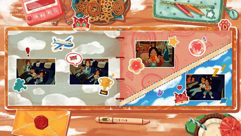 游戏画面展示一本打开的家庭相册，页面上贴有老照片和彩色边框，整体风格温馨怀旧
