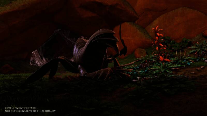 角色手持探测设备在异星植物丛中谨慎前行