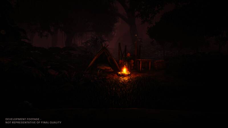 角色在火星地底洞穴中设置临时营地，准备夜间休整