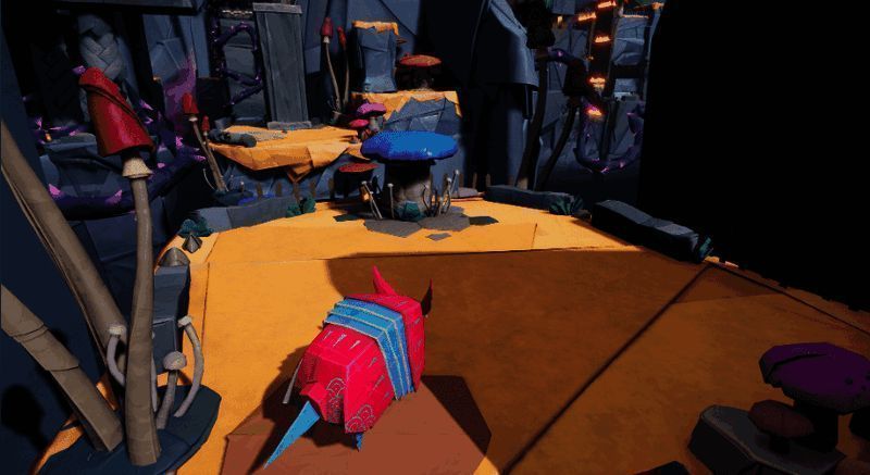 Hiro在纸艺森林中穿梭，光影交错营造出梦幻氛围