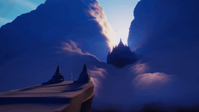 游戏内晨岛场景画面，阳光洒落金色沙滩，远处可见标志性石像与飞行岛屿