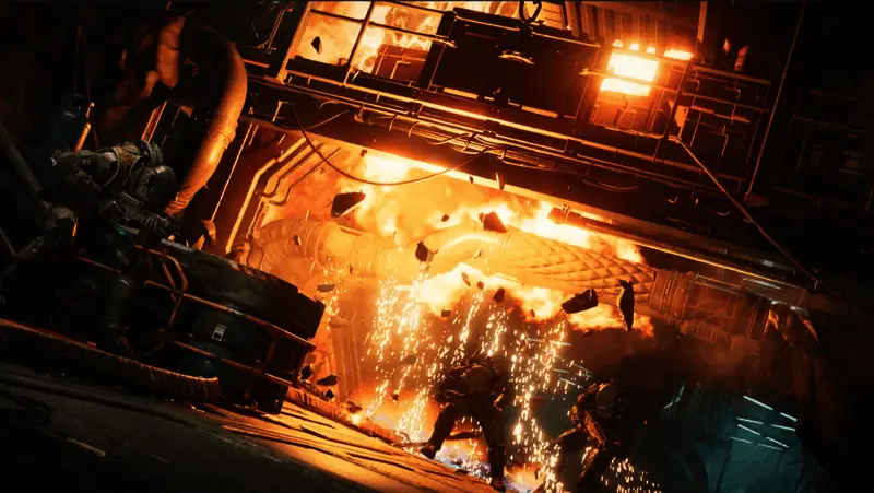 战斗场景截图，角色躲在掩体后进行射击，周围有敌人爆炸特效，环境细节丰富