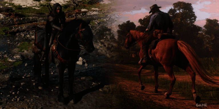 希里与凯尔比并肩前行，画面展现凯尔比黑色骏马的英姿