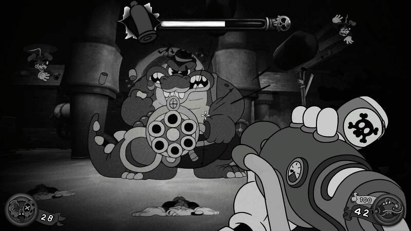 特洛伊·贝克微笑面对镜头，背景展示《Mouse: PI for Hire》游戏画面