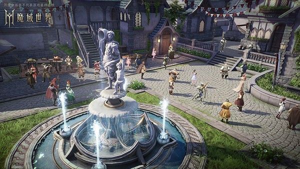 魔域世界主城全景画面，展示繁华街道与NPC互动场景