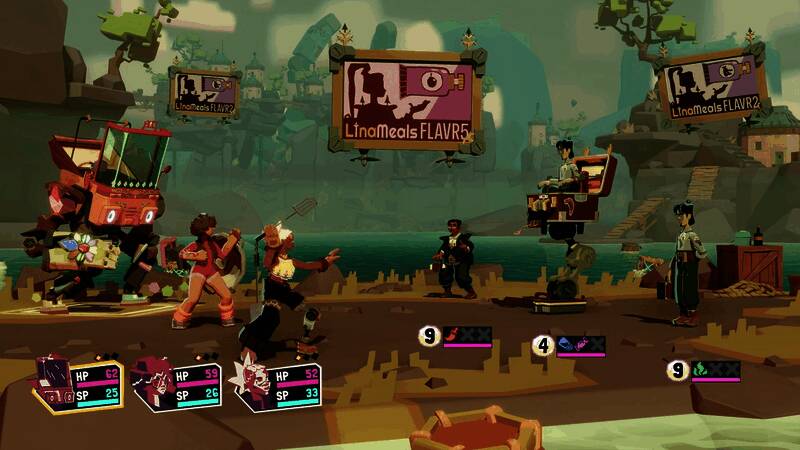 《Dosa Divas》游戏画面展示，主角手持锅铲与敌人战斗，背景中是快餐公司的标志和未来城市景象