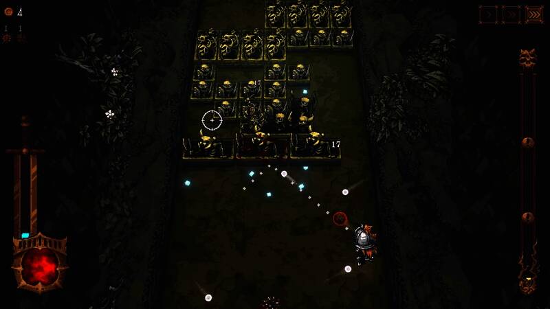 游戏中弹球战斗画面，骷髅敌人排列整齐向下压迫，主角角色正在发射弹球进行反击