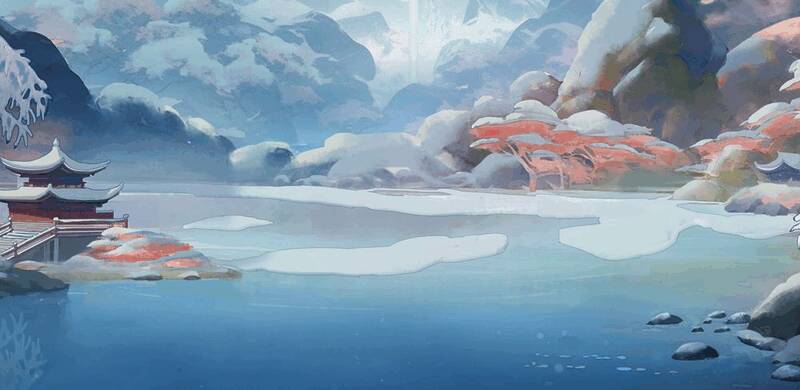 游戏内冬日初雪场景，雪花飘落于古风建筑之间