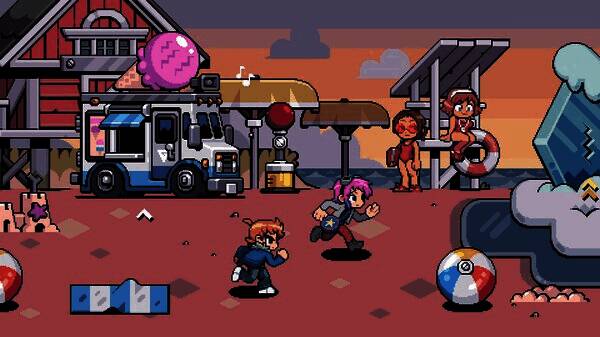 游戏角色Scott Pilgrim挥拳出击，背景为像素风格的城市街道