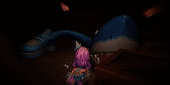 游戏中巨鲶怪物在宝宝模式下变成可爱的蓝色小鲨鱼，表情呆萌，周围漂浮着气泡特效