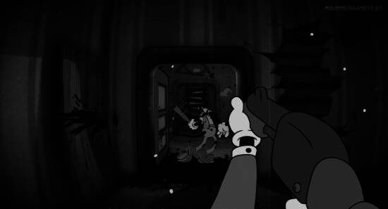 游戏场景截图，黑白画风搭配夸张表情，展现复古卡通风格