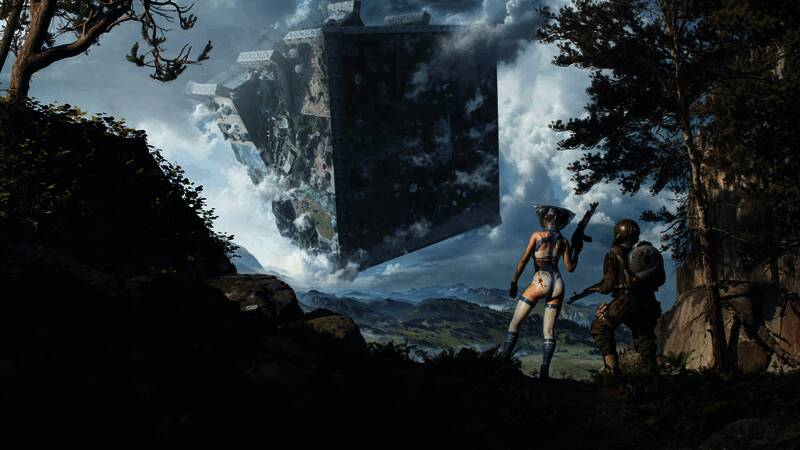 主角角色形象展示，身着高科技战甲，手持未来武器，背景为巨大旋转立方体