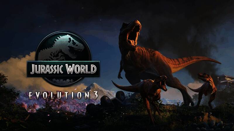 游戏主界面展示，背景为宏伟的侏罗纪公园场景，恐龙在远处悠然漫步