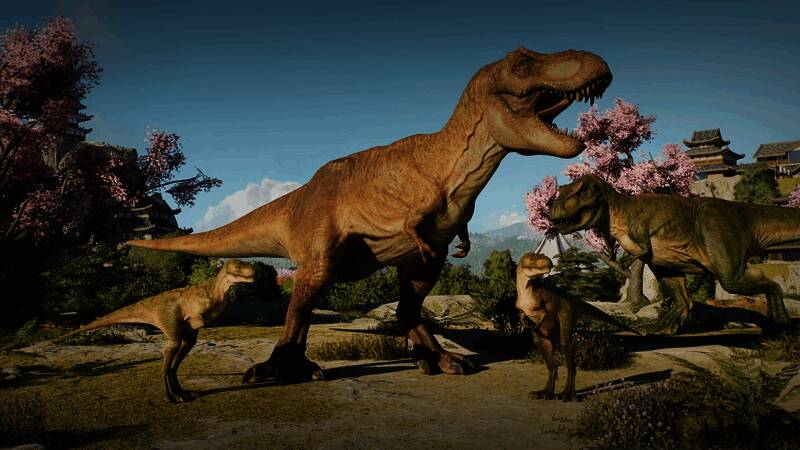 园区全景视角，可以看到各类恐龙在各自栖息地中自由活动