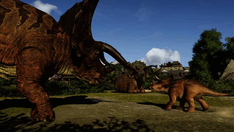 游戏设定图展示，包含多种恐龙模型与生态设定资料