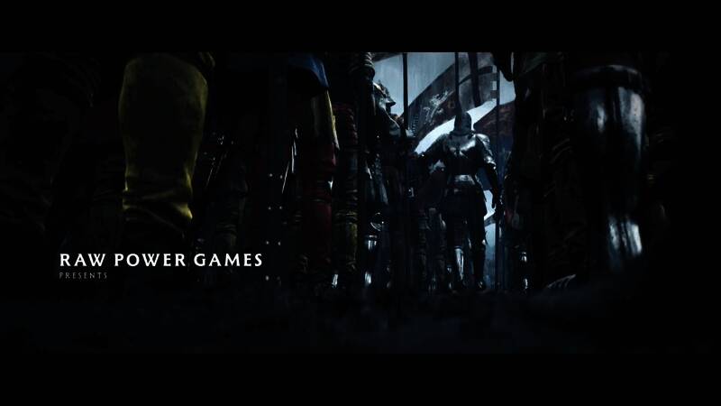 游戏中一位骑士挥舞长剑，战场硝烟弥漫，远处城堡隐约可见