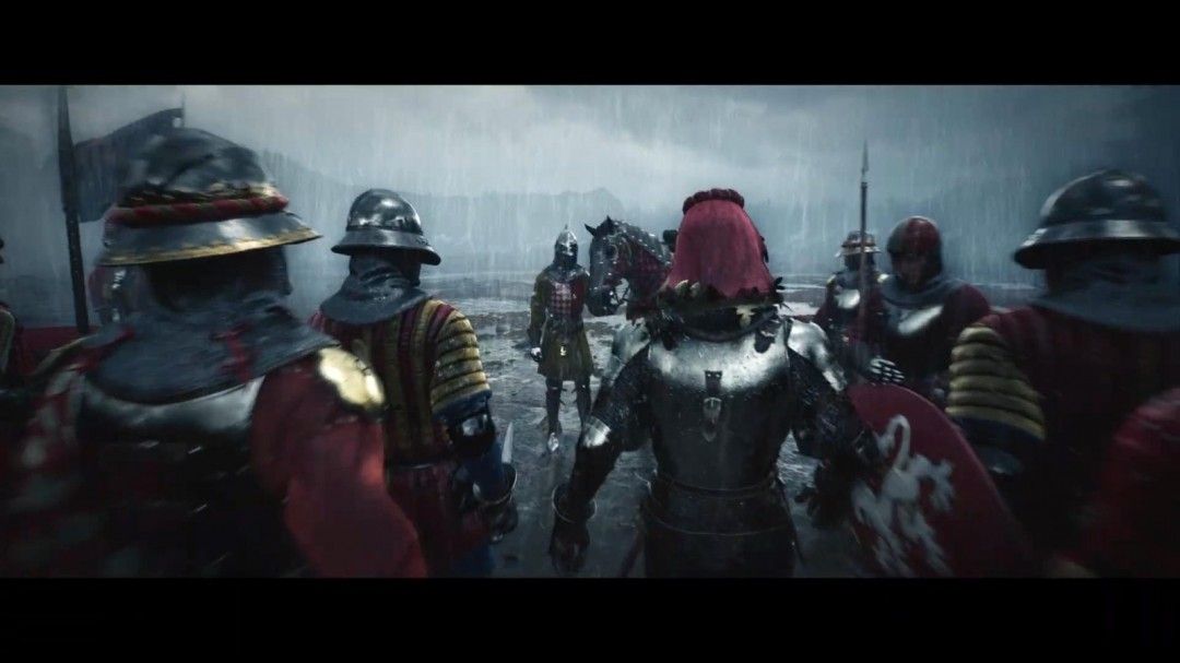 两名重装骑士策马冲锋，盾牌相撞瞬间火花四溅