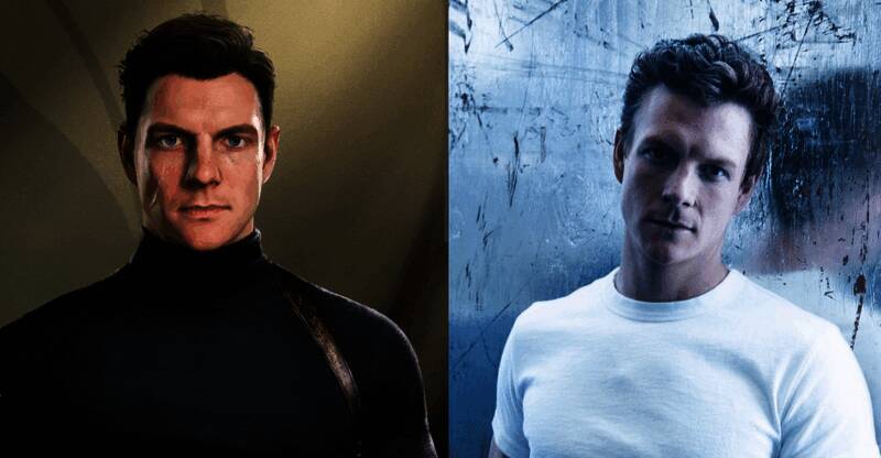 游戏场景展示，邦德在雪地中与敌人对峙，手持手枪并处于潜行状态