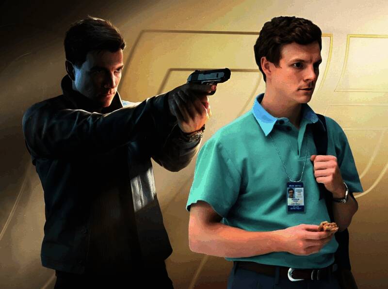 游戏截图展示海滩任务场景，邦德穿着休闲西装混入派对，背景为豪华别墅和夜景灯光