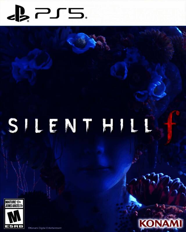 《寂静岭f》美版封面，女性轮廓隐约可见，字体突出‘f’字母设计