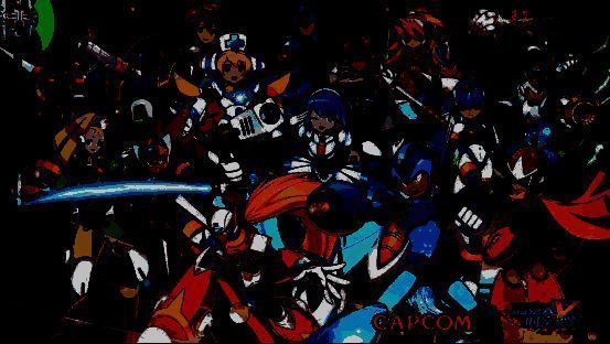 数据崩溃场景，屏幕闪烁红光，出现多个洛克人角色剪影