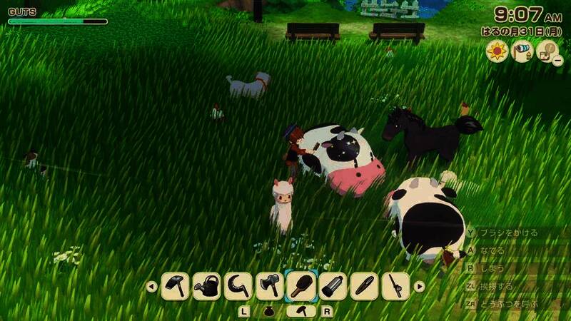 牧场中的羊驼和奶牛悠闲吃草，玩家正在挤奶