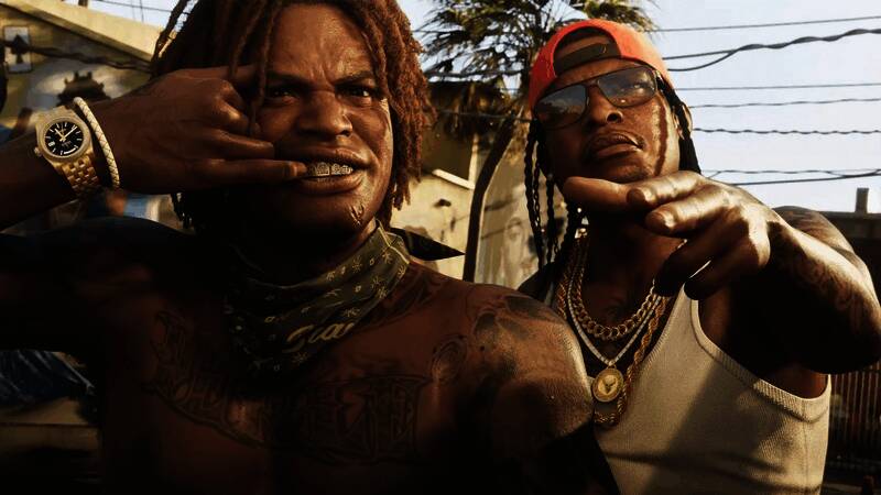 《GTA6》城市夜景画面，霓虹灯下人物剪影交错