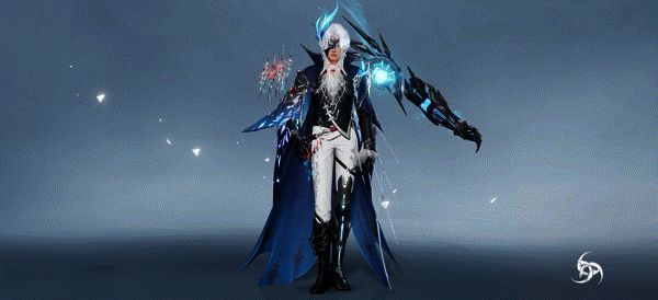 永夜碎梦男款正面展示，黑色燕尾服与银色纹路对比鲜明